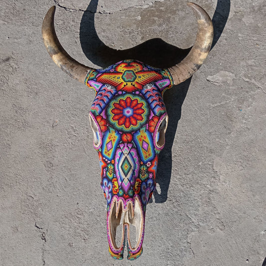 Huichol Indian Hand Beaded Bull Skull By Honorio Villa Lopez PP7497