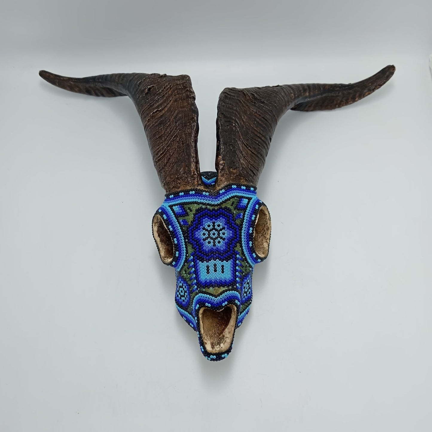 Huichol Hand Beaded Cast Resin Goat Skull By Santos Bautista PP7534