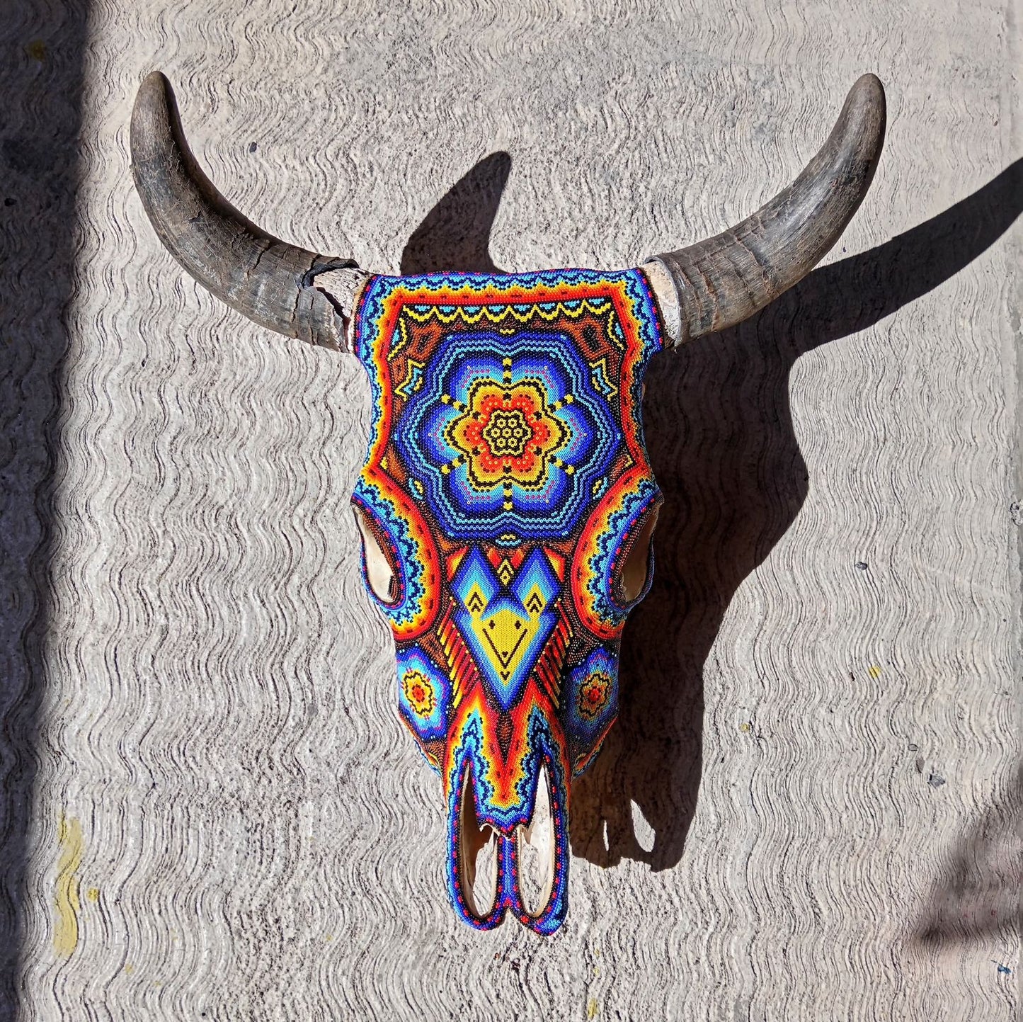 Huichol Indian Hand Beaded Bull Skull By Santos Bautista PP7542