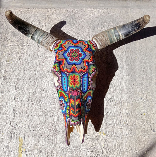 Mexican Folk Art Huichol Hand Beaded Bull Skull By Isandro Villa Lopez PP7546