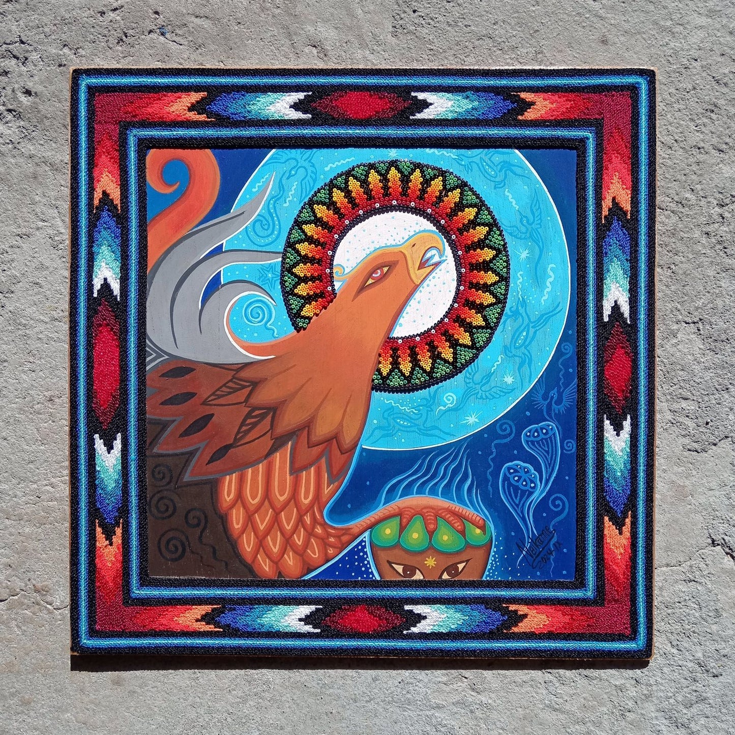 Huichol Mexican Folk Art Yarn Painting by Neikame PP7548