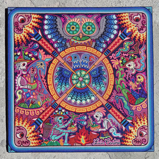 Mexican Folk Art Huichol Indian Yarn Painting by Luis Castro PP7626