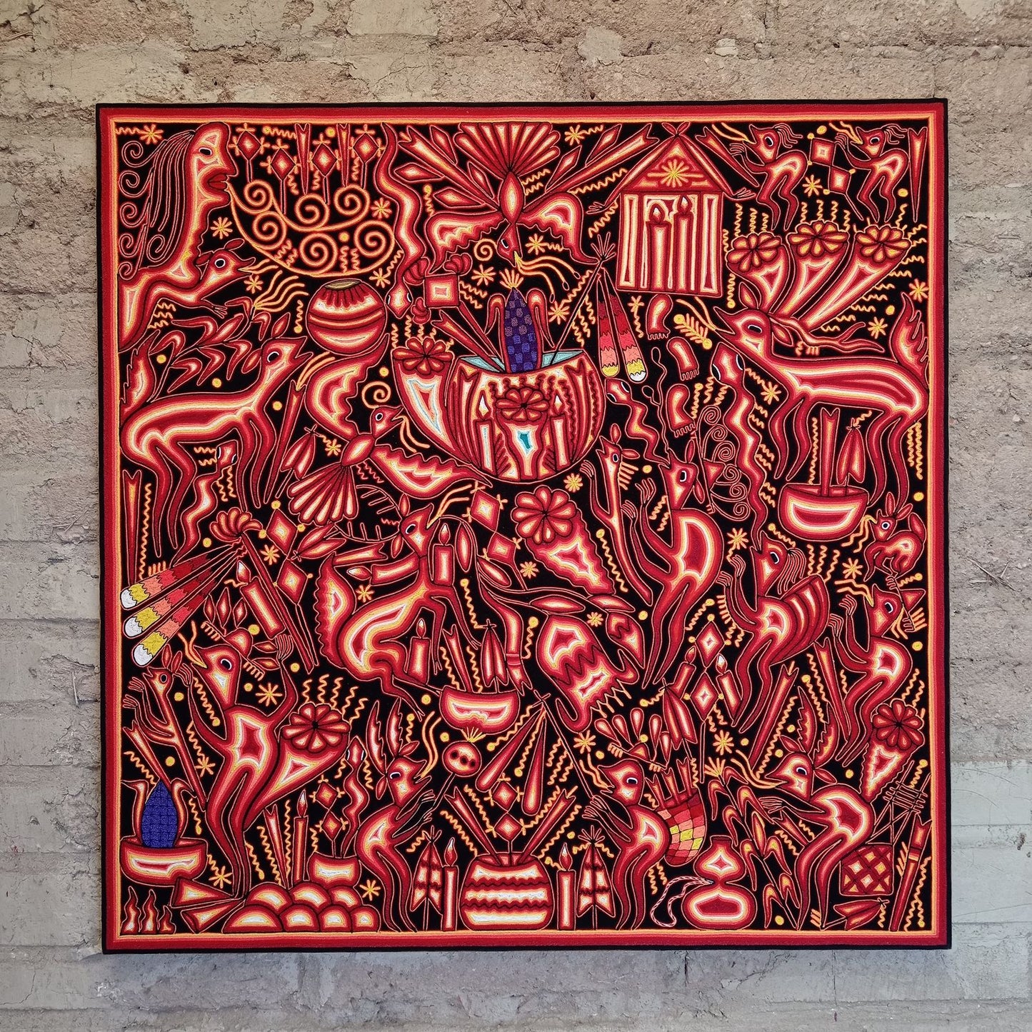 Mexican Folk Art Huichol Yarn Painting by Gilberto Gonzalez PP7906