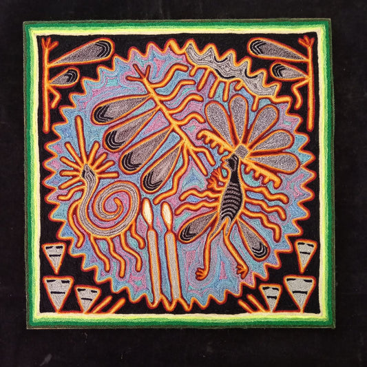 Huichol Indian Mexican Folk Art Yarn Painting By Silverio Gonzalez Rios PP7934