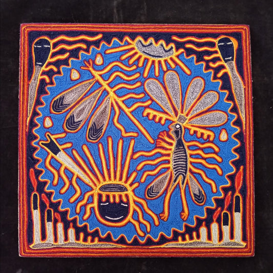 Huichol Indian Mexican Folk Art Yarn Painting By Silverio Gonzalez Rios PP7938