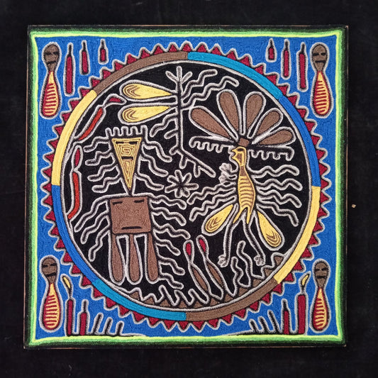 Huichol Indian Mexican Folk Art Yarn Painting By Silverio Gonzalez Rios PP7940