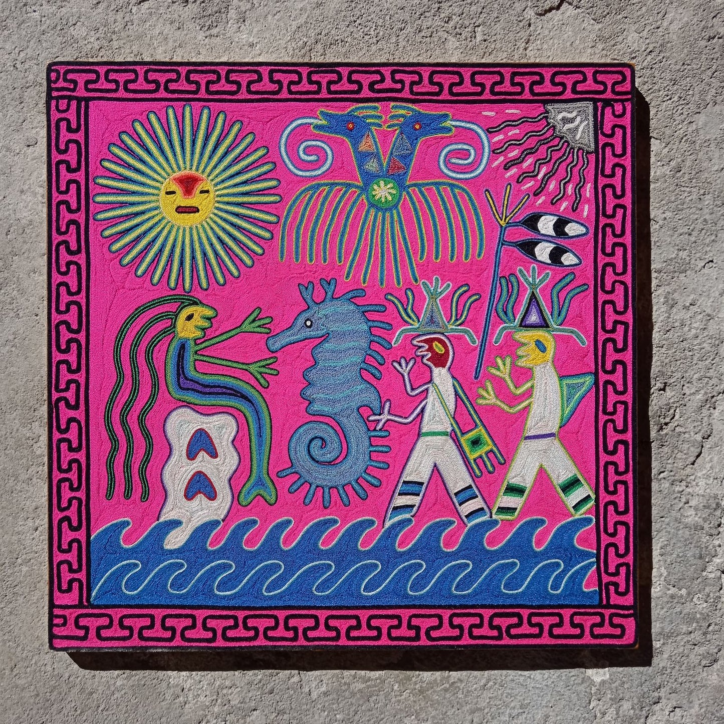 Huichol Indian Mexican Folk Art Yarn Painting By Fermin Gonzalez Rios PP7943