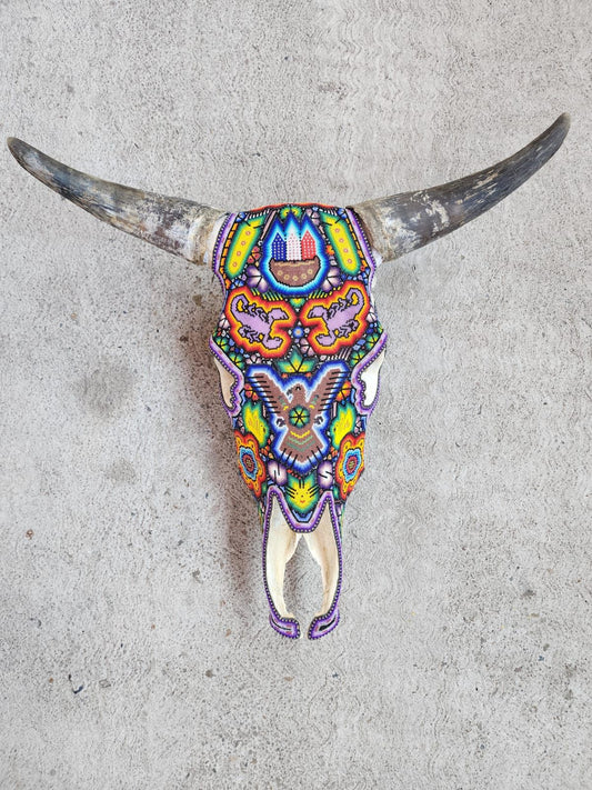 Mexican Folk Art Huichol Hand Beaded Bull Skull By Isandro Villa Lopez PP7971