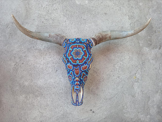Mexican Folk Art Huichol Hand Beaded Bull Skull By Isandro Villa Lopez PP7972