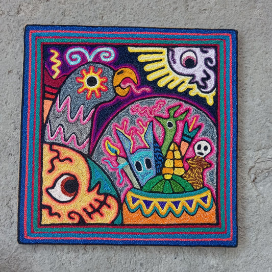 Mexican Folk Art Huichol Indian Yarn Painting by Luis Castro PP8014