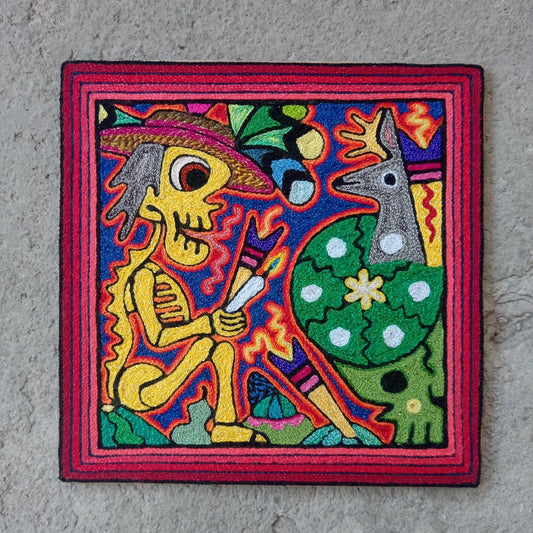 Mexican Folk Art Huichol Indian Yarn Painting by Luis Castro PP8015