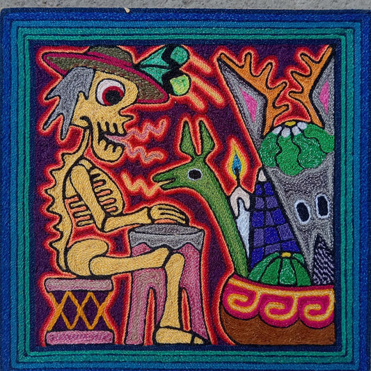 Mexican Folk Art Huichol Indian Yarn Painting by Luis Castro PP8018