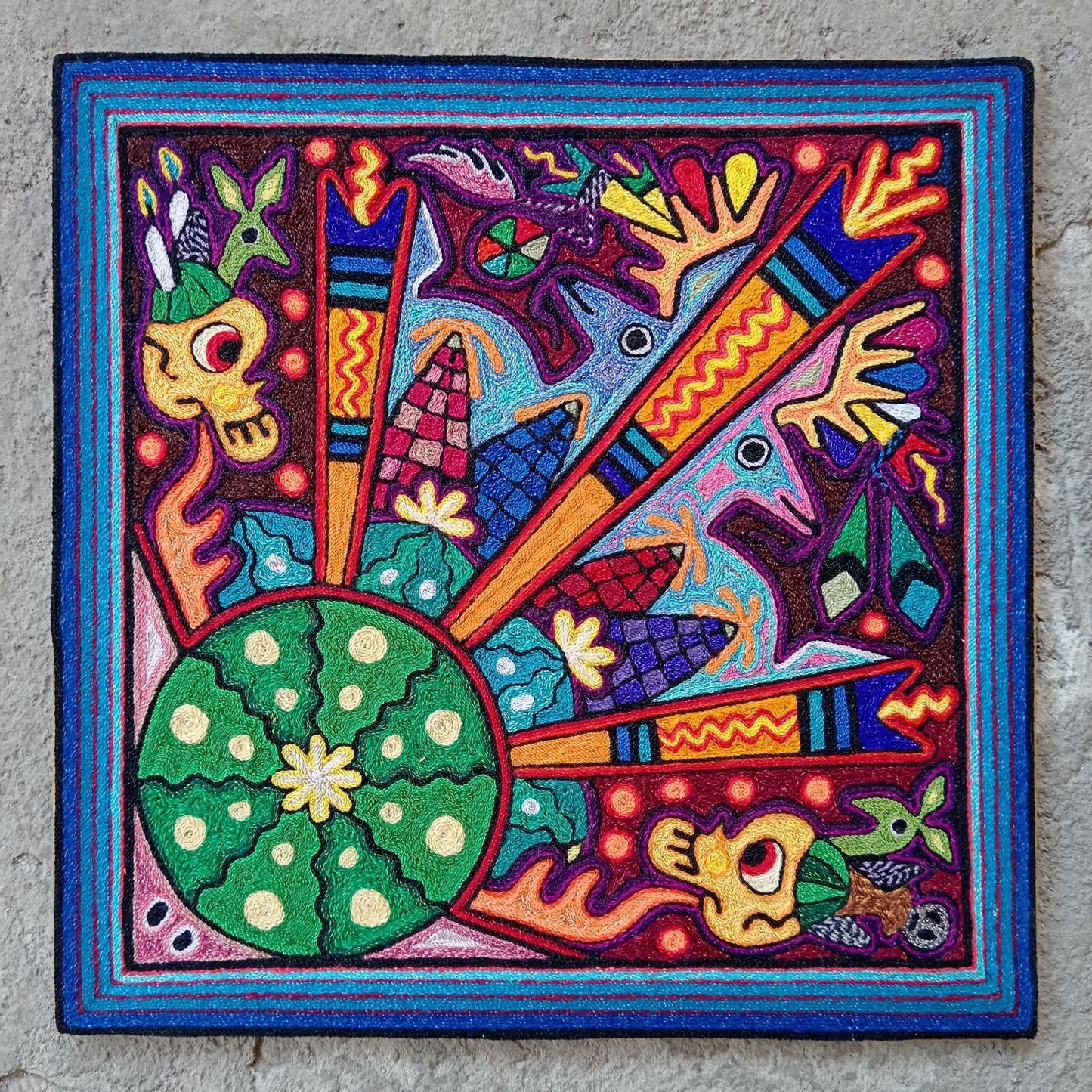 Mexican Folk Art Huichol Indian Yarn Painting by Luis Castro PP8022