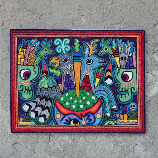 Mexican Folk Art Huichol Indian Yarn Painting by Luis Castro PP8023