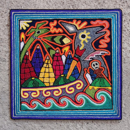 Mexican Folk Art Huichol Indian Yarn Painting by Luis Castro PP8043
