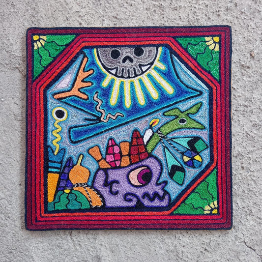 Mexican Folk Art Huichol Indian Yarn Painting by Luis Castro PP8044