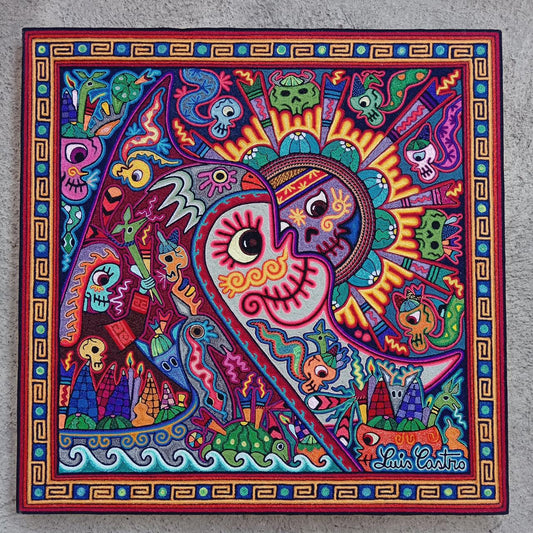 Mexican Folk Art Huichol Indian Yarn Painting by Luis Castro PP8048