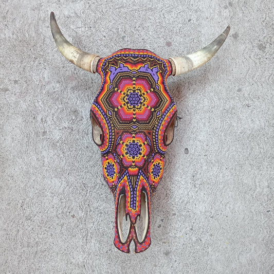 Huichol Indian Hand Beaded Bull Skull By Santos Bautista PP8072