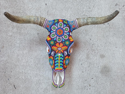 Exceptional Huichol Indian Hand Beaded Mexican Folk Art Authentic Bull Skull By Honorio Villa Lopez PP8077