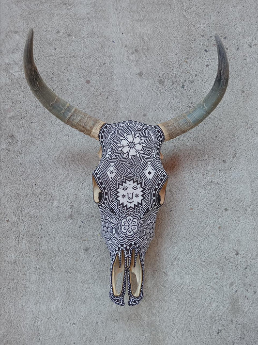 Huichol Bead Art Mexican Folk Art,  Bull Skull By Mayola Villa Lopez PP8080