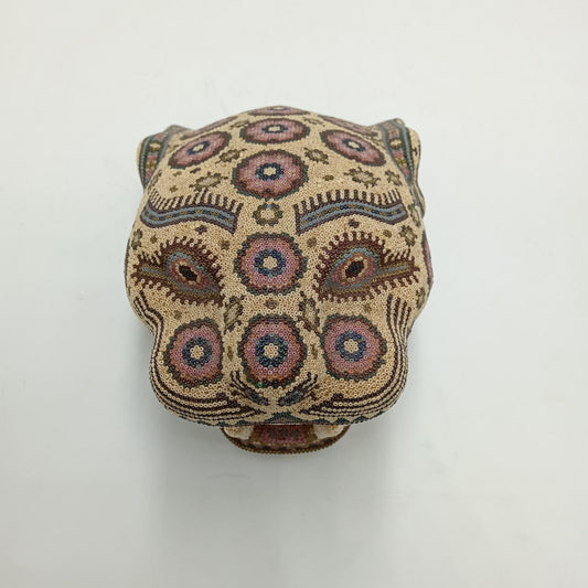 Great Huichol Indian Jaguar Head Micro Beads By Juan de la Cruz PP8083