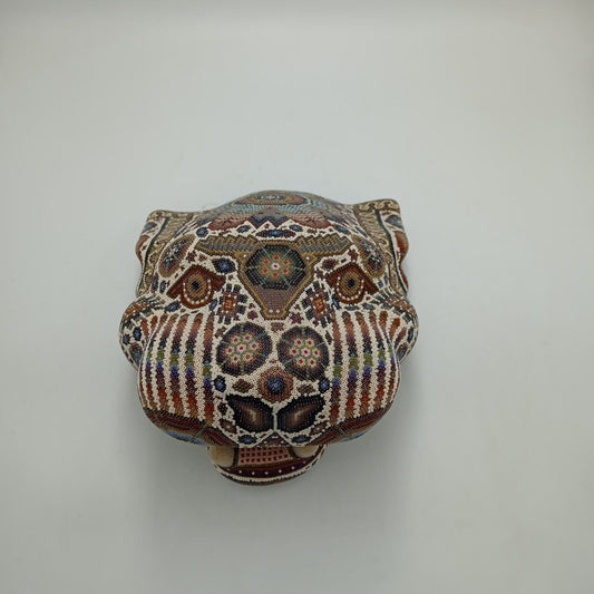 Huichol Indian Mexican Folk Art Micro Bead Jaguar Head By Juan de la Cruz PP8086