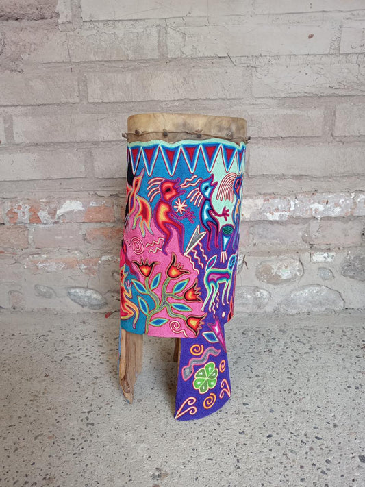 Drum Huichol Mexican Folk Art Yarn decorated By Cooperativa Zitacua PP8144