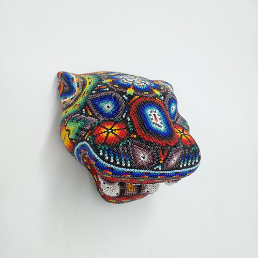 Mexican Folk Art Huichol Beaded Jaguar Head By Mayola Villa Lopez PP8167