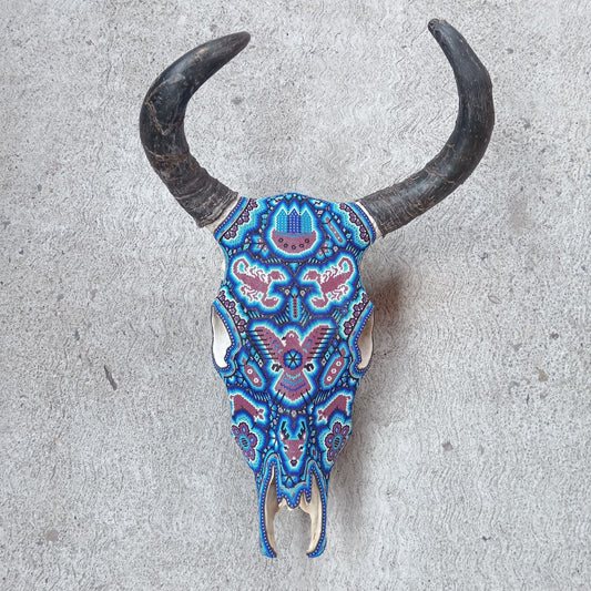 Mexican Folk Art Huichol Hand Beaded Bull Skull By Isandro Villa Lopez PP8172