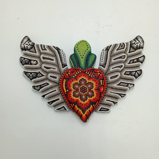 Mexican Huichol Hand Beaded Art, Heart with Wings By Isandro Villa Lopez PP8182