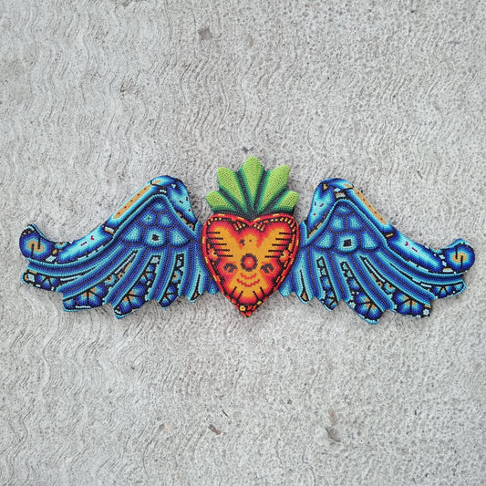 Mexican Huichol Hand Beaded Art, Heart with Wings By Isandro Villa Lopez PP8184