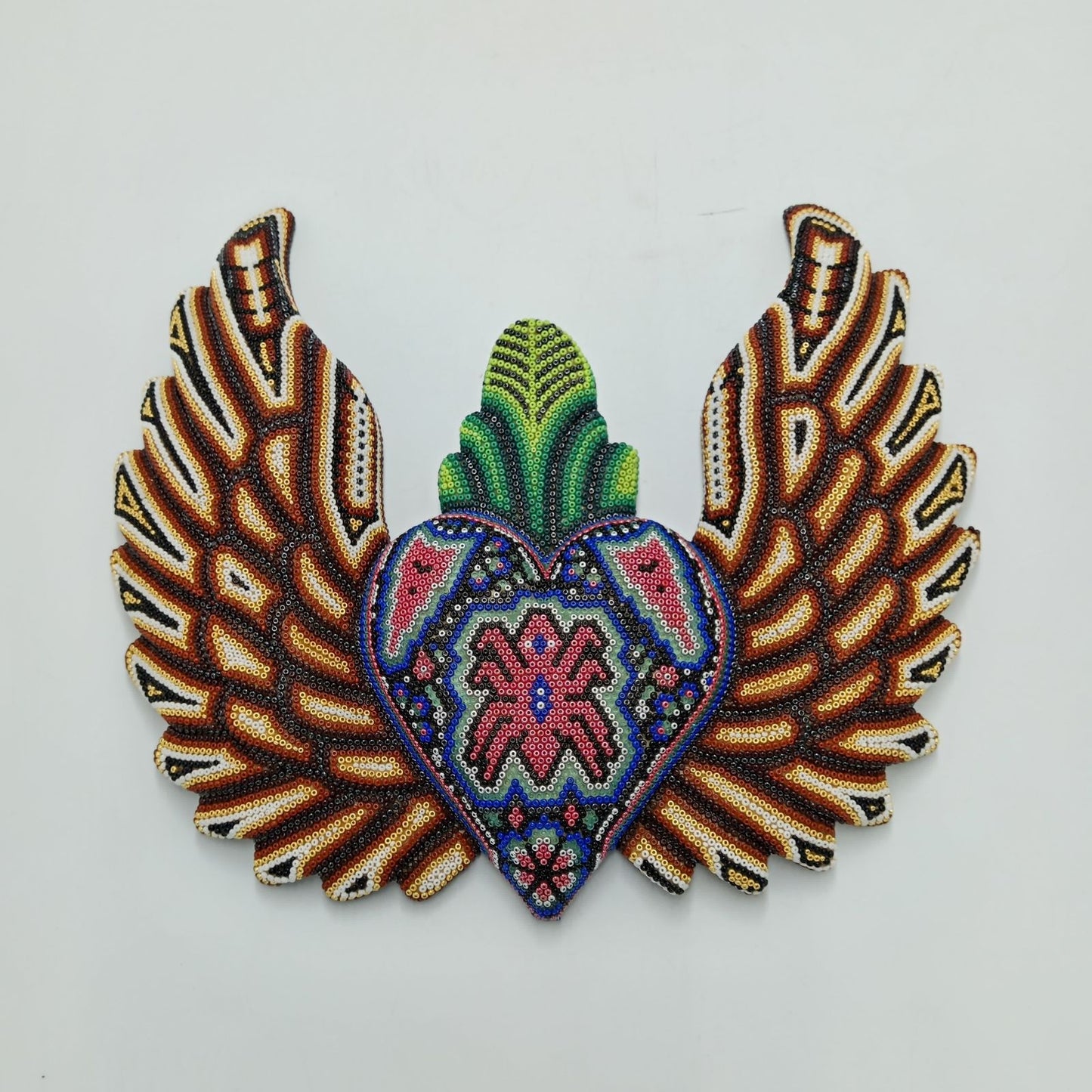 Mexican Huichol Hand Beaded Art, Heart with Wings By Isandro Villa Lopez PP8188