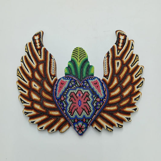 Mexican Huichol Hand Beaded Art, Heart with Wings By Isandro Villa Lopez PP8188
