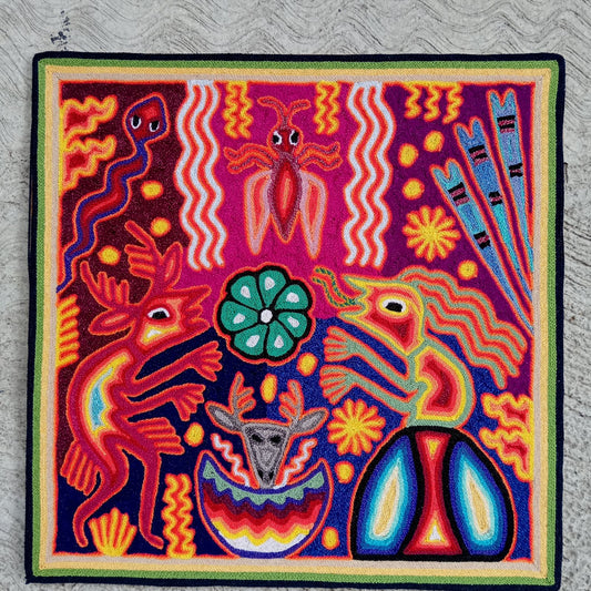 Huichol Mexican Folk Art Yarn Painting  By Maximino Renteria PP8240