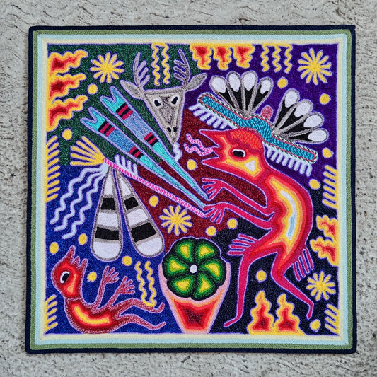 Huichol Mexican Folk Art Yarn Painting  By Maximino Renteria PP8251