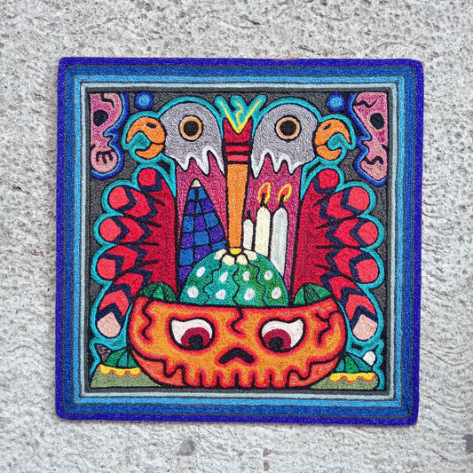 Mexican Folk Art Huichol Indian Yarn Painting by Luis Castro PP8258