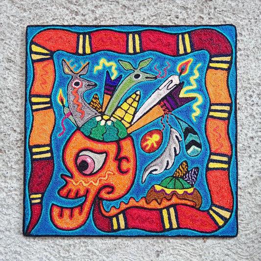 Mexican Folk Art Huichol Indian Yarn Painting by Luis Castro PP8259