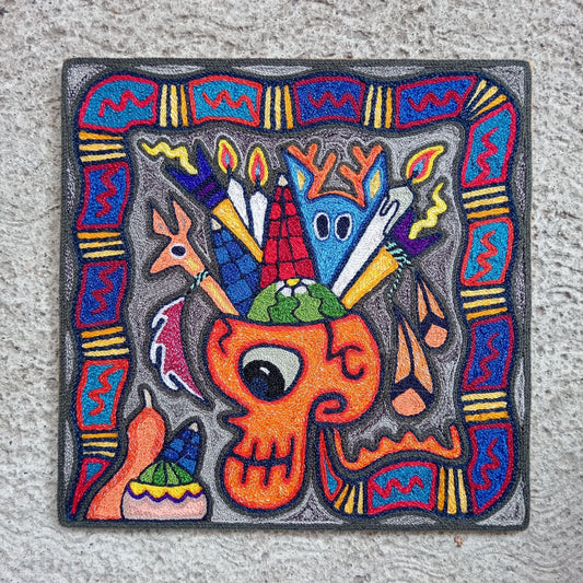 Mexican Folk Art Huichol Indian Yarn Painting by Luis Castro PP8261