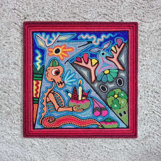 Mexican Folk Art Huichol Indian Yarn Painting by Luis Castro PP8262