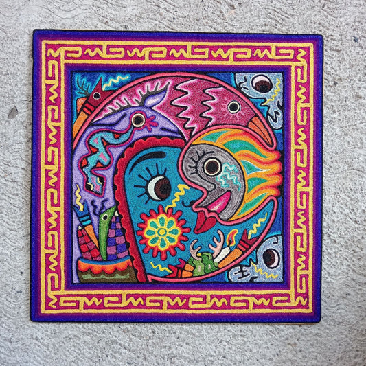 Mexican Folk Art Huichol Indian Yarn Painting by Luis Castro PP8263