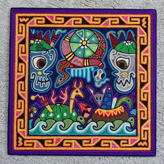 Mexican Folk Art Huichol Indian Yarn Painting by Luis Castro PP8265