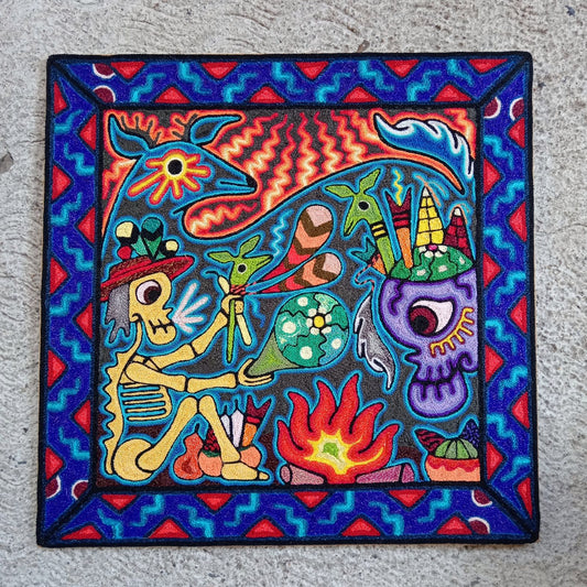 Mexican Folk Art Huichol Indian Yarn Painting by Luis Castro PP8268