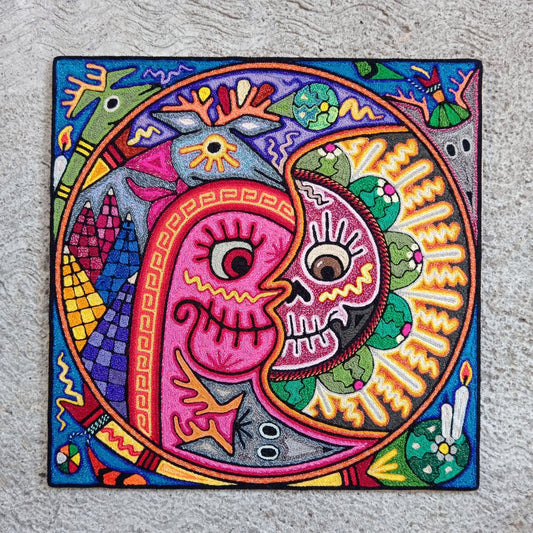 Mexican Folk Art Huichol Indian Yarn Painting by Luis Castro PP8269