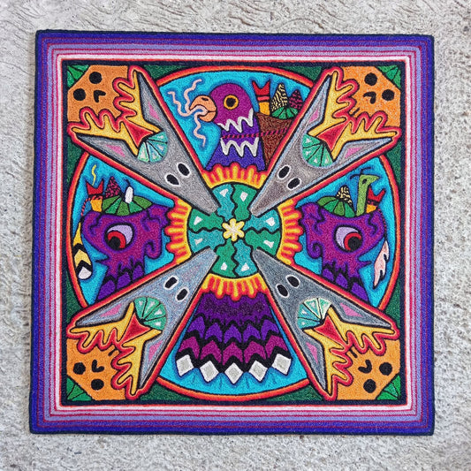 Mexican Folk Art Huichol Indian Yarn Painting by Luis Castro PP8271