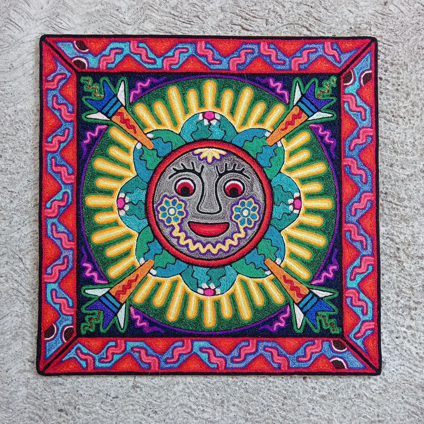 Mexican Folk Art Huichol Indian Yarn Painting by Luis Castro PP8272