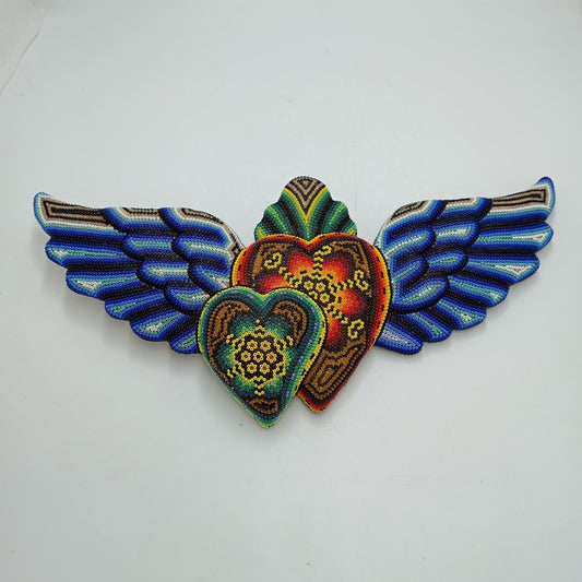 Huichol Hand Beaded Mexican Folk Art Heart with Wings By  Santos Bautista PP8286