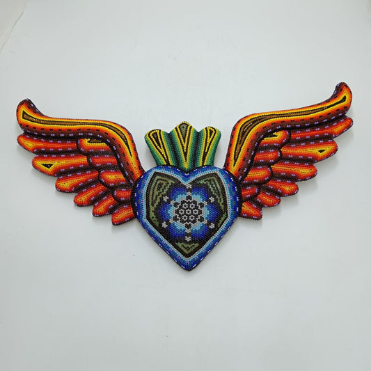 Huichol Hand Beaded Mexican Folk Art Heart with Wings By  Santos Bautista PP8287