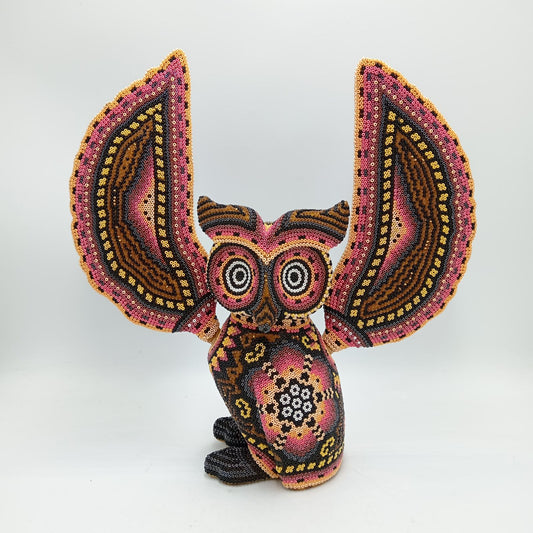 Huichol Hand Beaded Mexican Folk Art, Owl By Santos Bautista PP8289