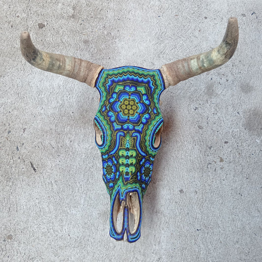 Huichol Indian Hand Beaded Bull Skull By Santos Bautista PP8293