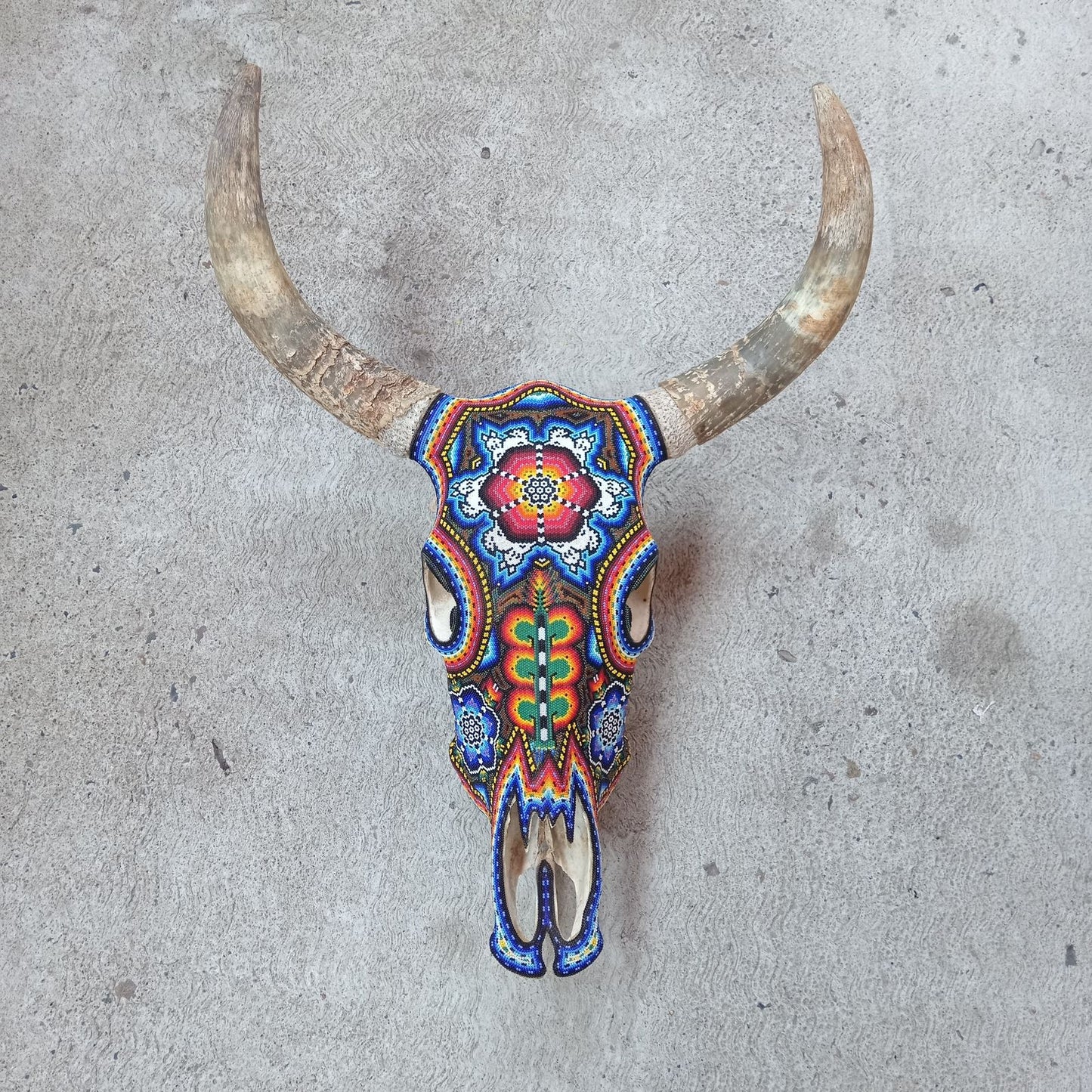 Huichol Indian Hand Beaded Bull Skull By Santos Bautista PP8294